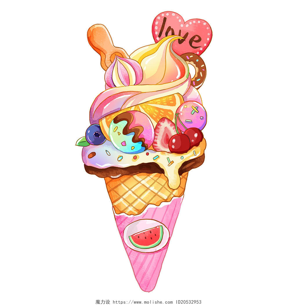 夏天夏季五彩缤纷冰淇淋水彩卡通画插画